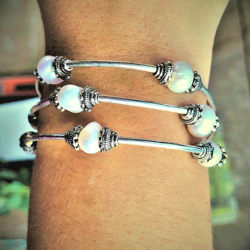 Boho Silver Tone Real Pearl Wrap Bracelet - Picture 2 of 4